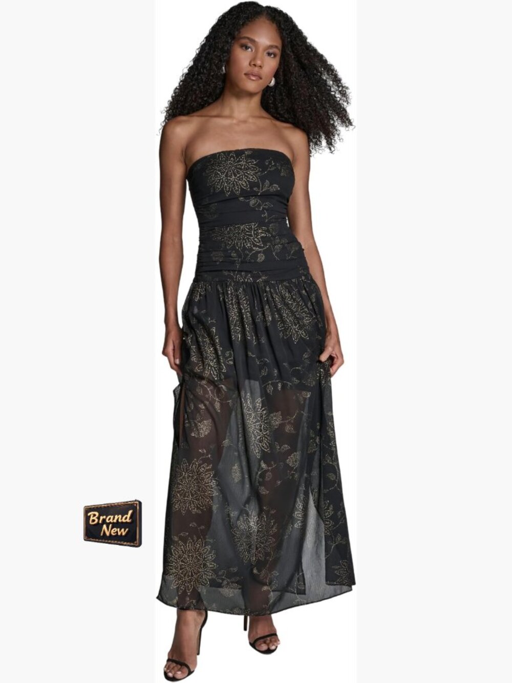Strapless Floral Maxi Dress with Drop Waist, Polyester